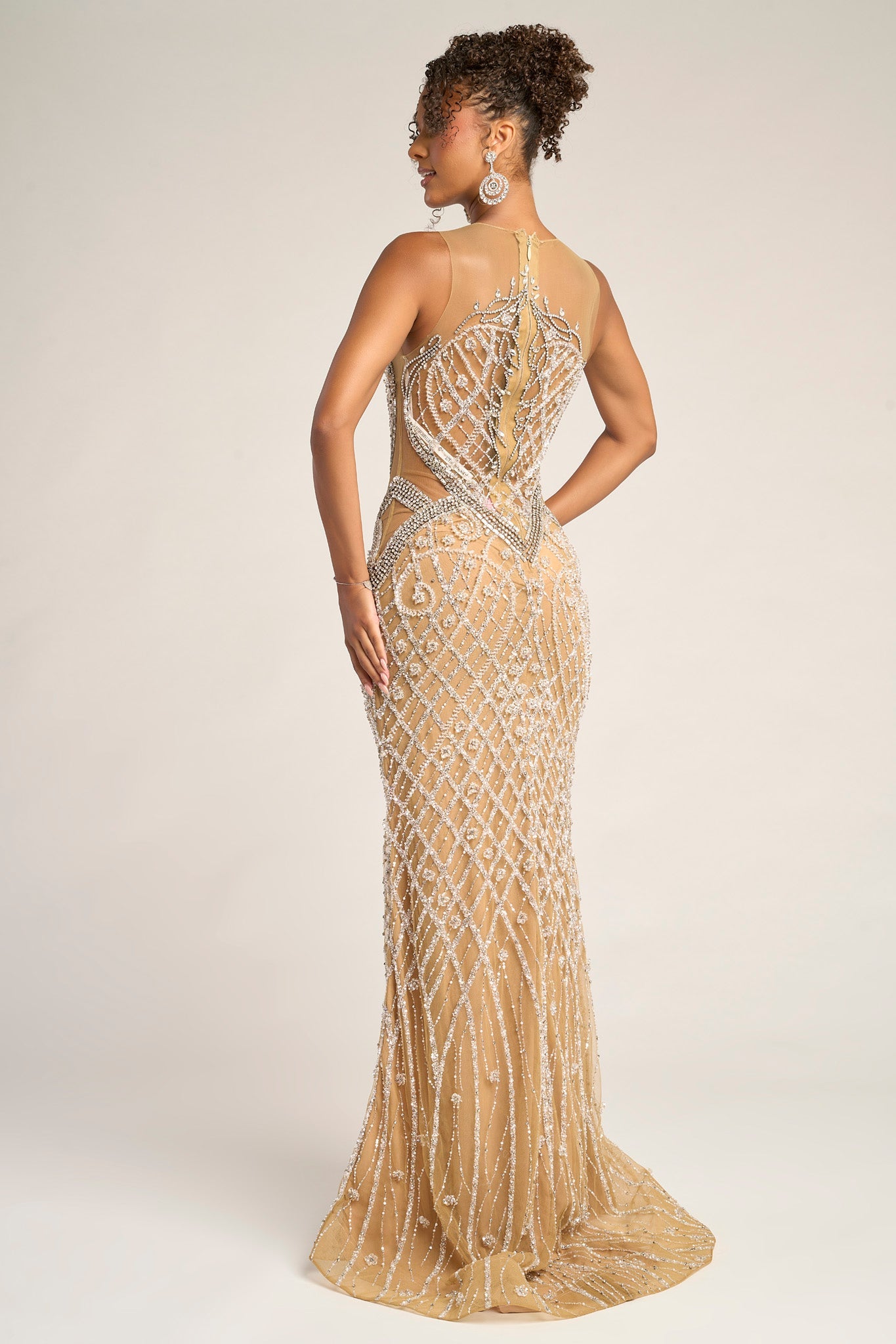 Nude/Silver Illusion Halter Floor-Length Beaded Prom Evening Gown Daring Cut-Outs Portia & Scarlett PS26454C