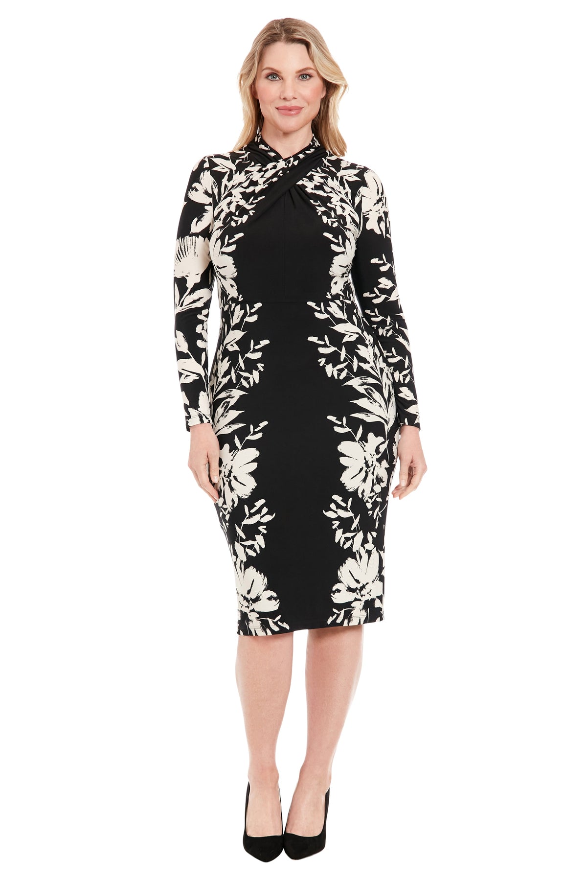 London Times T7593M Cross-Front Short Floral Jersey Cocktail Long Sleeves
