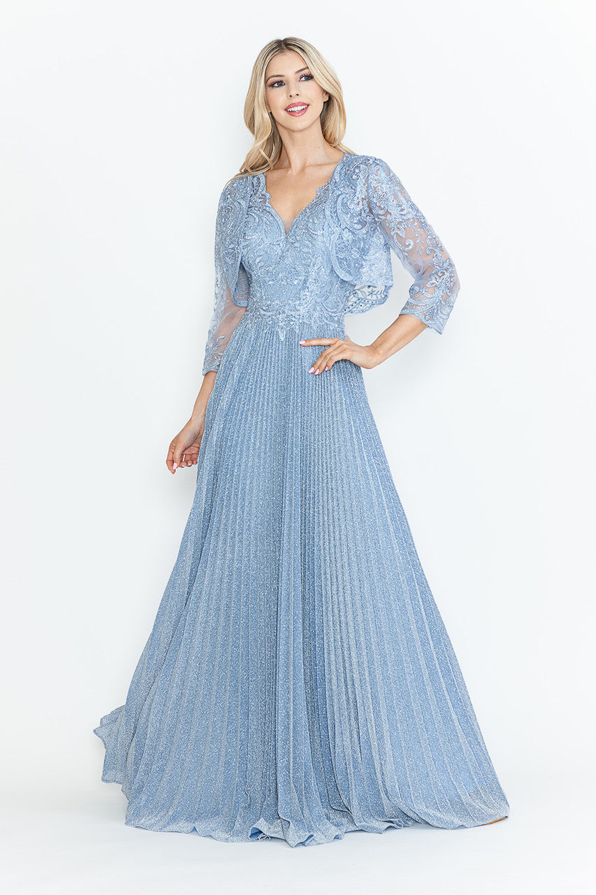 Mother of the Bride Dresses Pleated Long Formal Mother of the Bride Dress Lenovia 8341 Perry Blue-Mesh-8341-Pleated