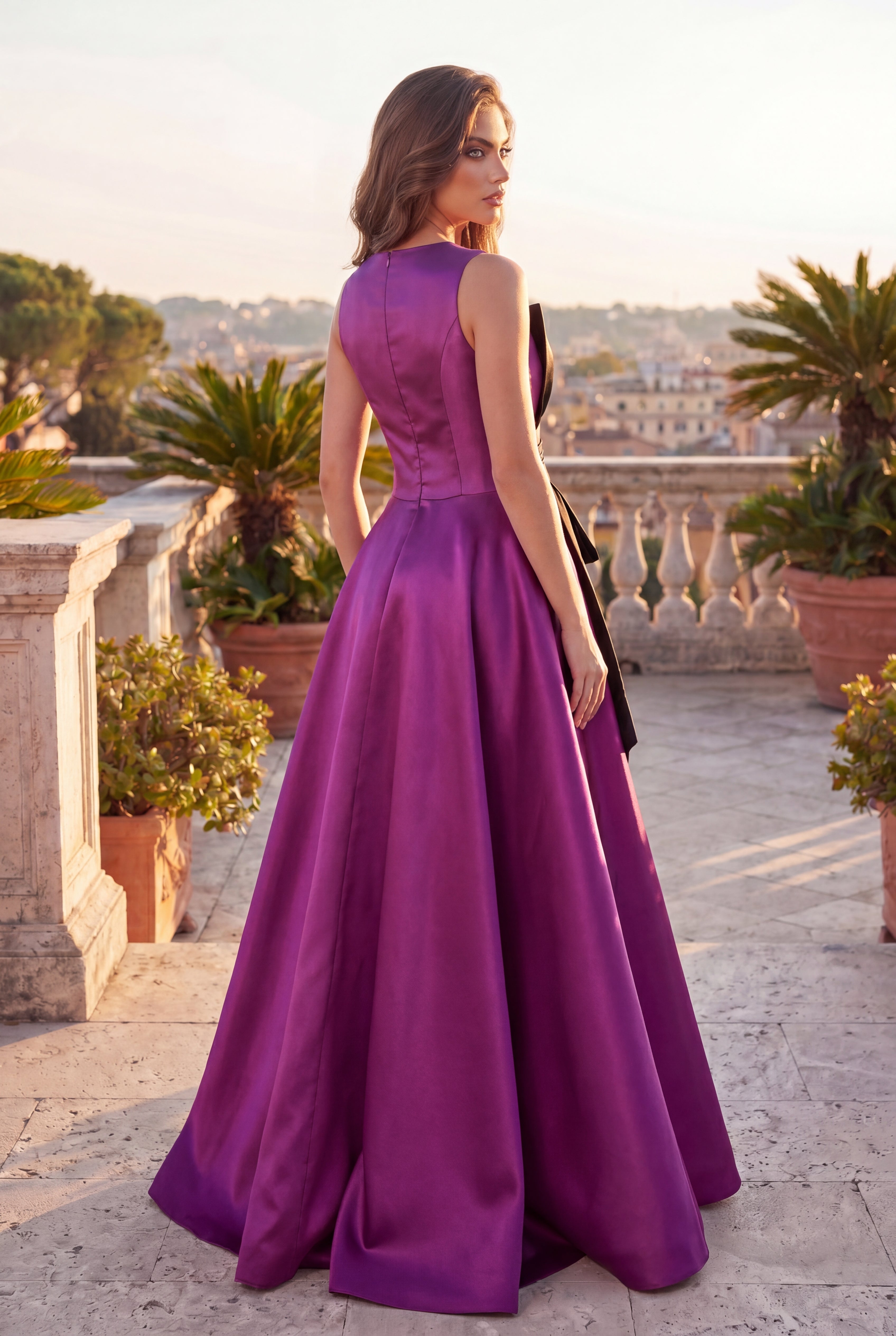 Sleeveless Eggplant Formal Ball Gown with Statement Bow