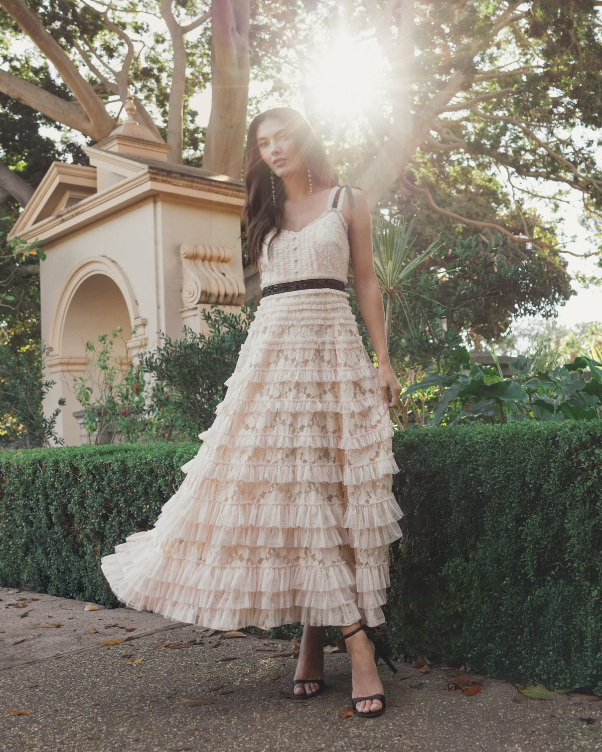 Cocktail Dresses Tea Length Lace Cocktail Dress - Ruffle - Mac Duggal 8070 Porcelain-Mesh-8070-Tiered