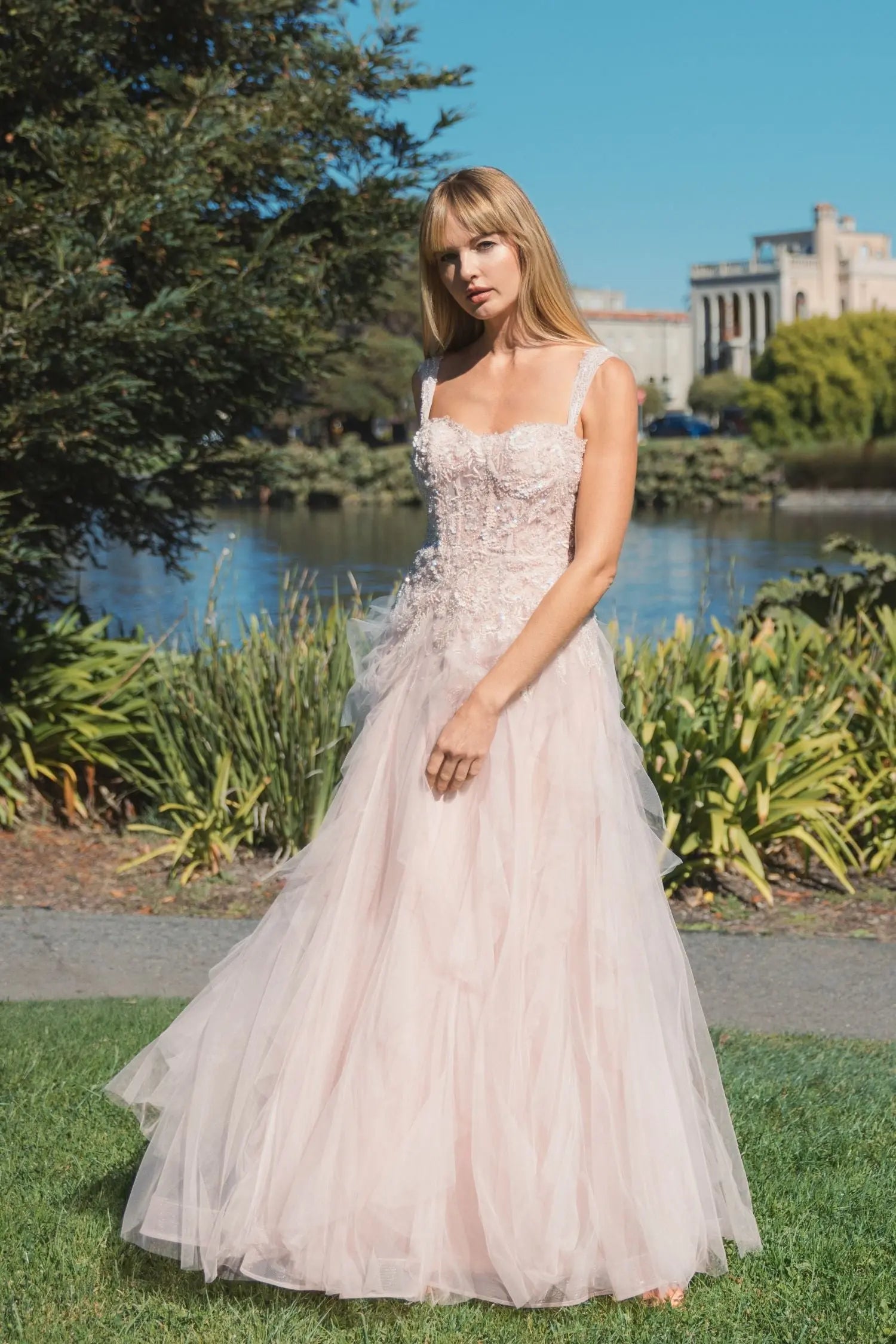 Wedding Dresses Long A Line Wedding Gown – Ruffle – Mac Duggal 21095 Porcelain Multi-Tulle-21095-Ruffle