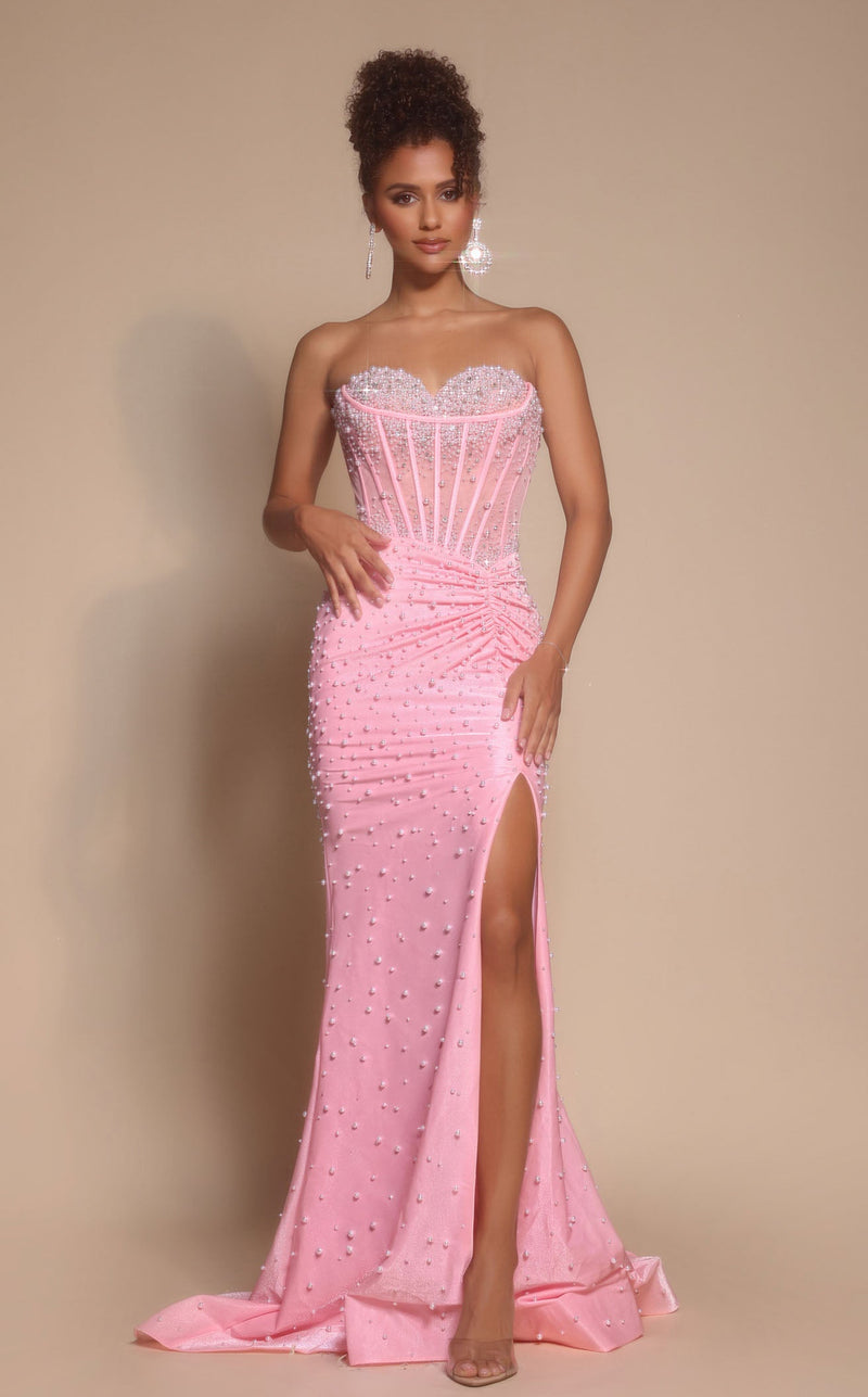 Prom Dresses Corset Beaded Formal Long Sequin Lace Evening Dress Pink