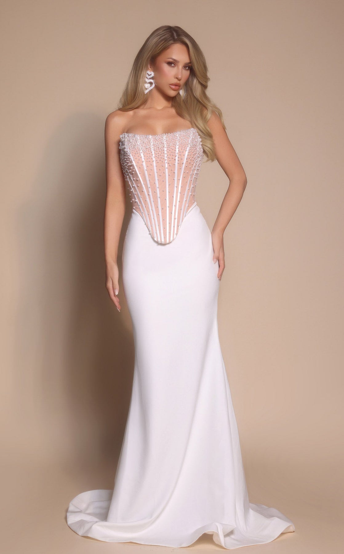 Wedding Dresses Long Fitted Beaded Wedding Dress Portia and Scarlett PS26008 Ivory
