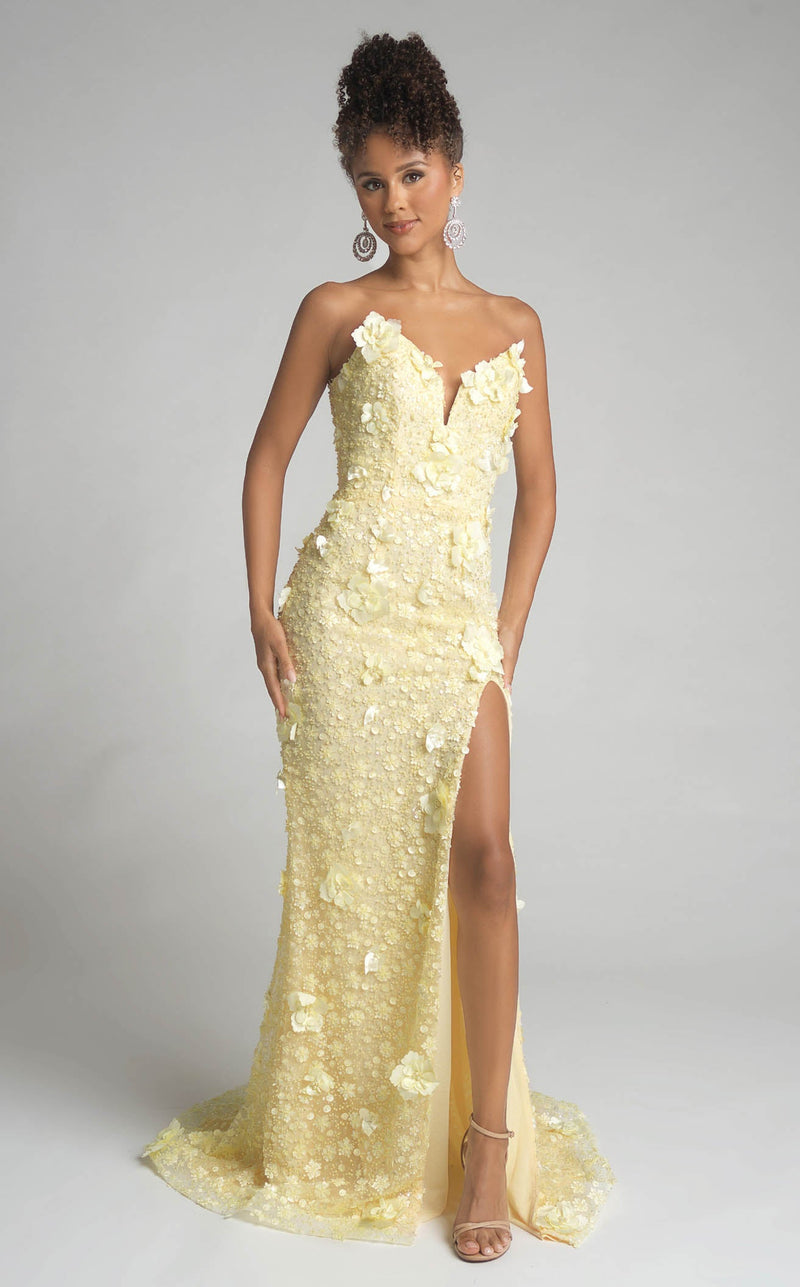 Prom Dresses Floral Lace Formal Long Beaded Prom Dress Yellow