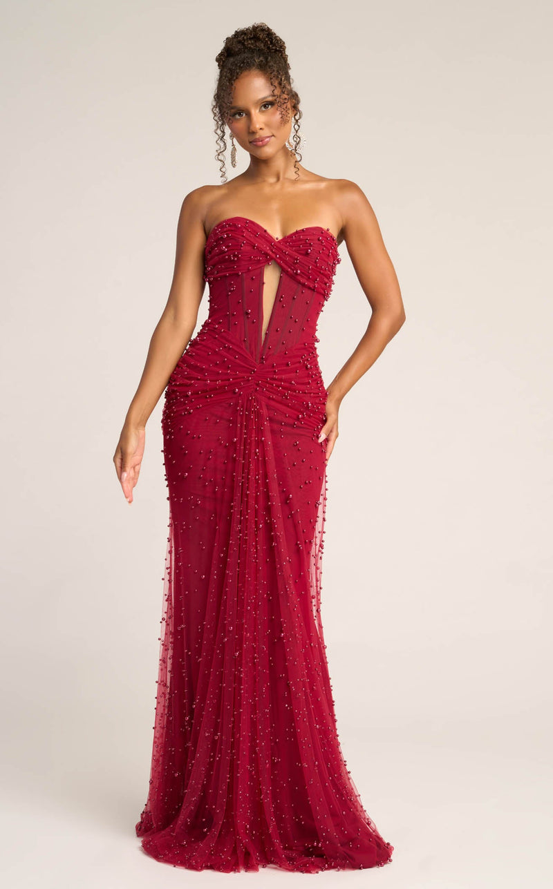 Prom Dresses Floral Beaded Formal Long Sequin Fitted Prom Dress Red
