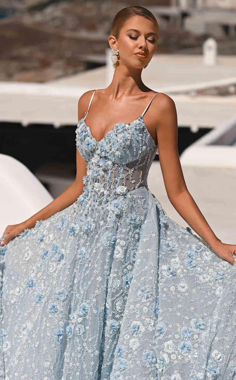 Prom Dresses Corset Formal Long Sequin Beaded Prom Dress Blue