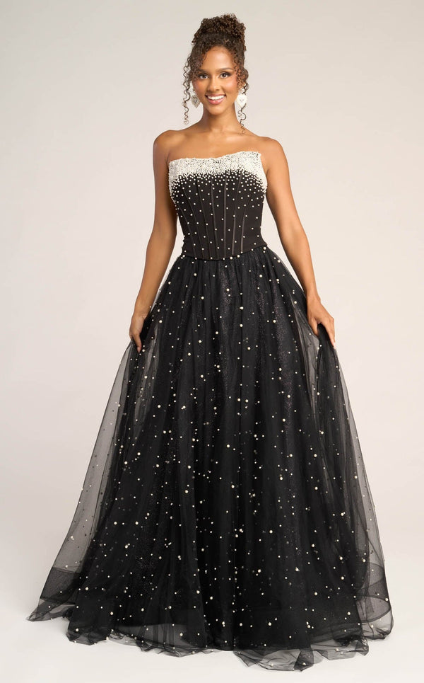 Strapless Floor-Length Tulle Formal Ball Gown with Pearl Embellishments Portia and Scarlett PS26034