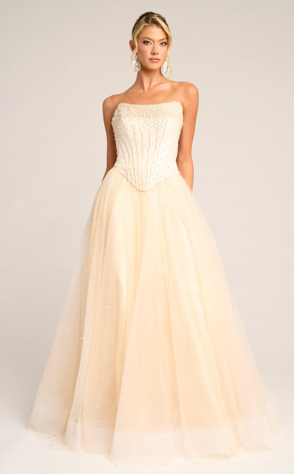 Cream Strapless Floor-Length Tulle Formal Ball Gown with Pearl Embellishments Portia and Scarlett PS26034