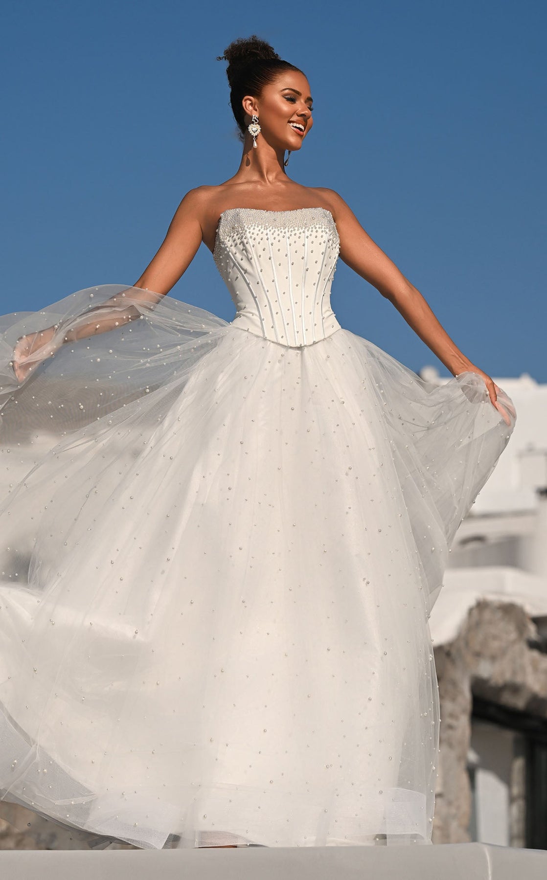 White Strapless Floor-Length Tulle Wedding Gown with Pearl Embellishments Portia and Scarlett PS26034