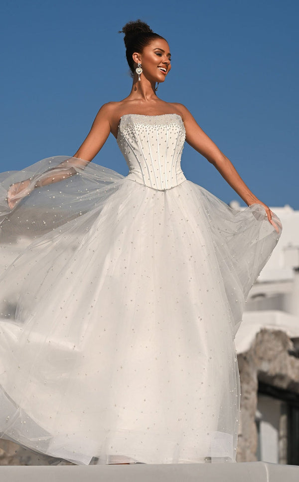 Strapless Floor-Length Tulle Wedding Gown with Pearl Embellishments Portia and Scarlett PS26034
