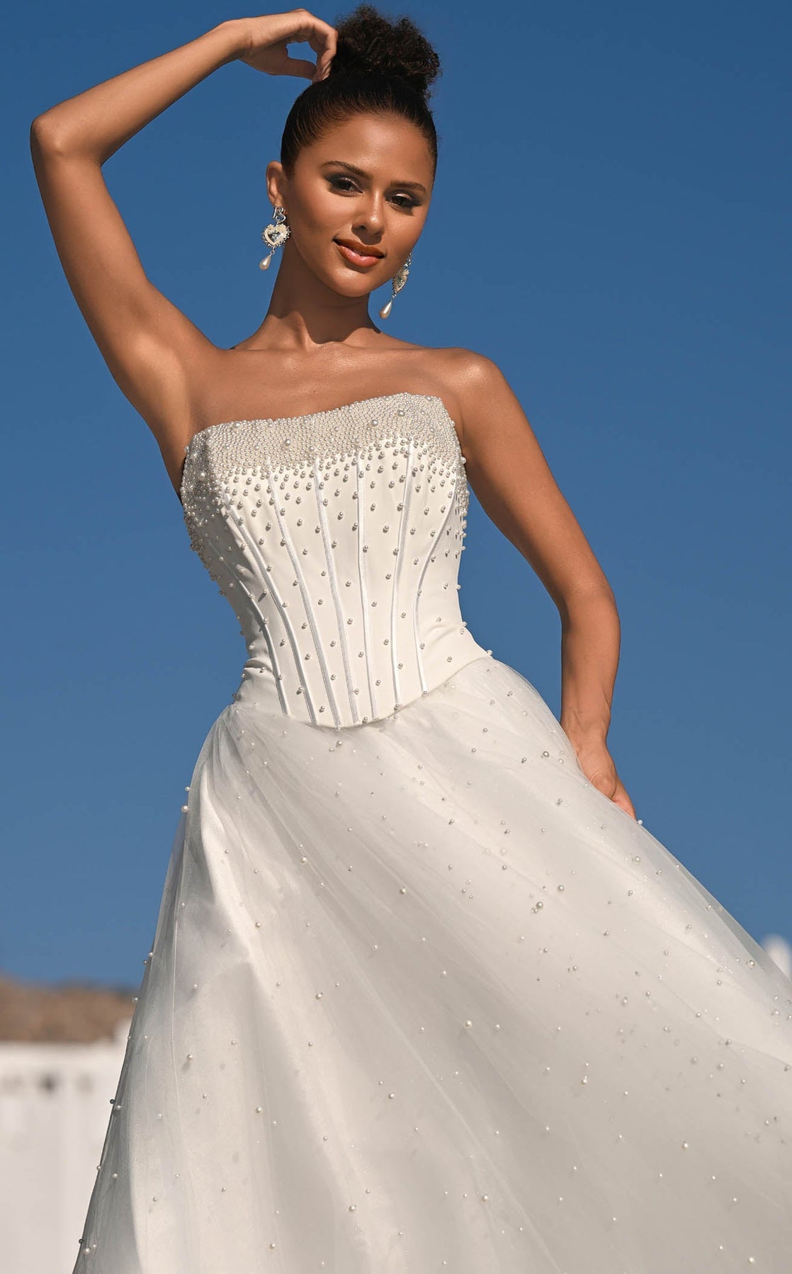 White Strapless Floor-Length Tulle Wedding Gown with Pearl Embellishments Portia and Scarlett PS26034