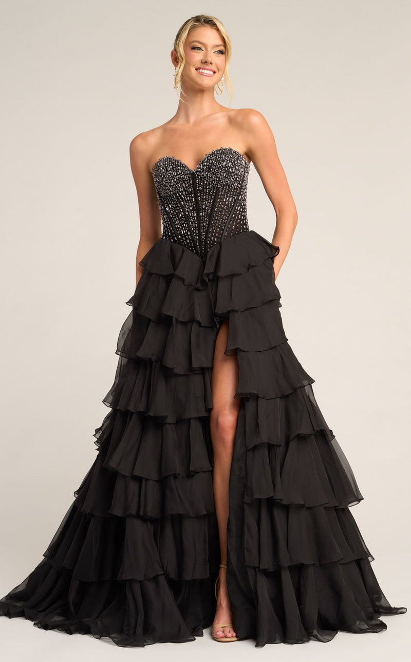 Prom Dresses Ruffle A Line Corset Beaded Long Formal Prom Dress Black
