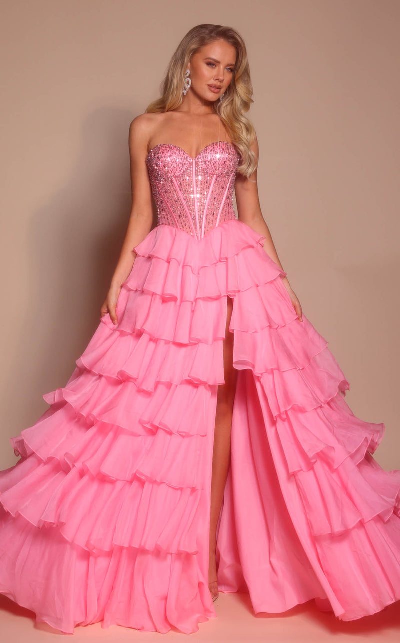 Prom Dresses Ruffle A Line Corset Beaded Long Formal Prom Dress Pink