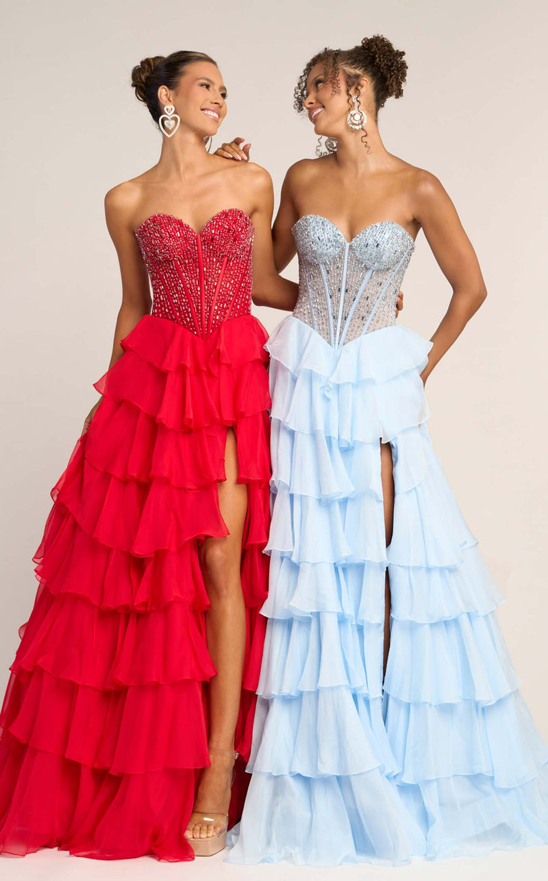 Prom Dresses Ruffle A Line Corset Beaded Long Formal Prom Dress Blue