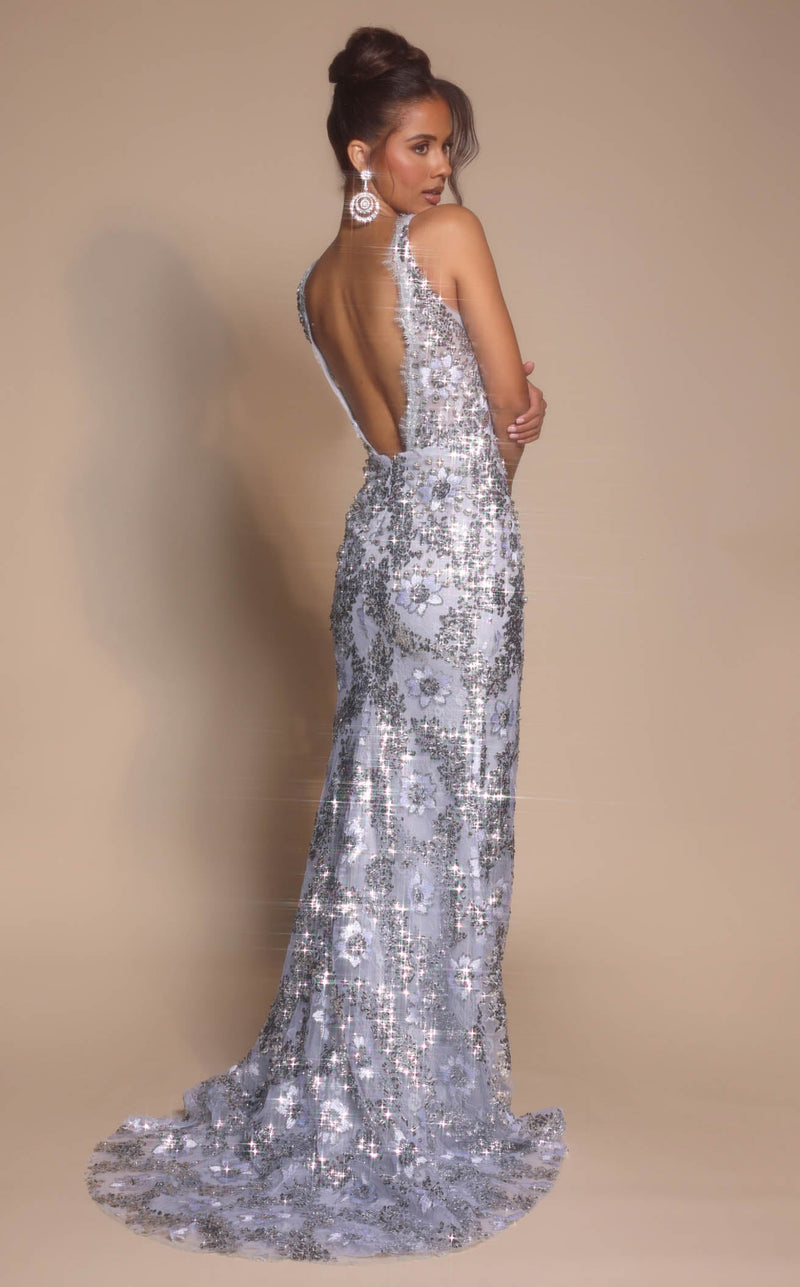 Prom Dresses Floral Glitter Sequin Fitted Formal Long Prom Dress Silver