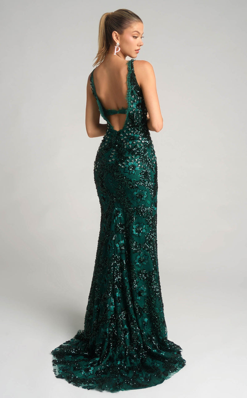 Prom Dresses Floral Glitter Sequin Fitted Formal Long Prom Dress Emerald