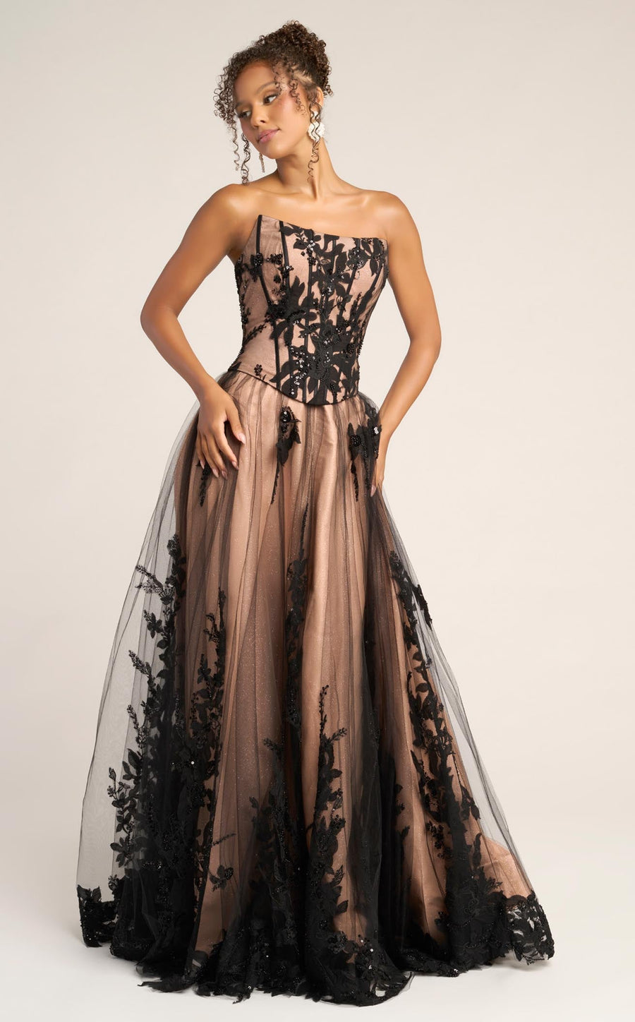 Black/Nude Strapless Floor-Length Tulle Gala Prom Gown Lace Applique Portia & Scarlett PS26061