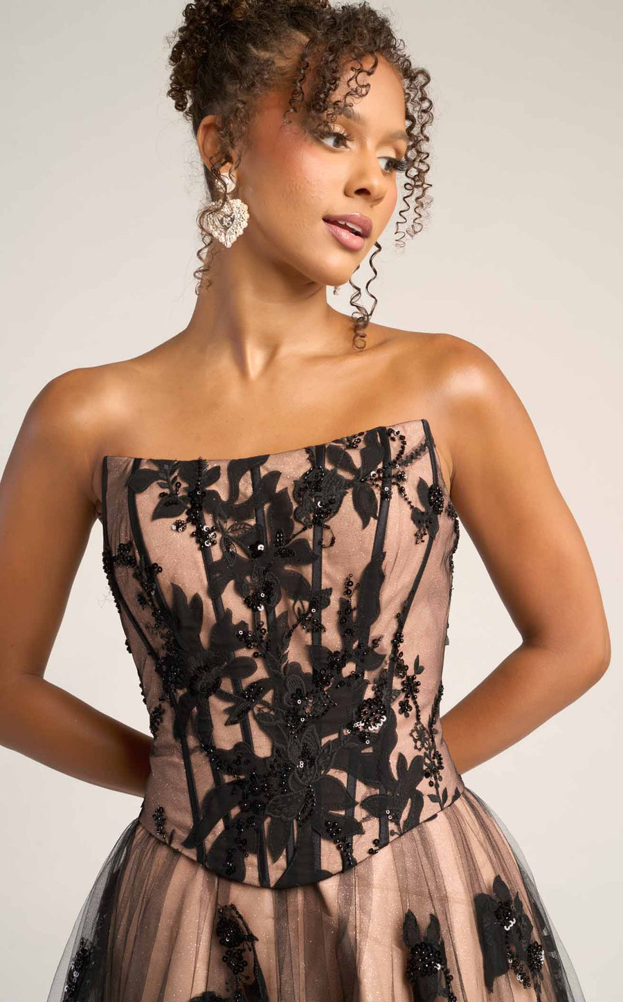 Black/Nude Strapless Floor-Length Tulle Gala Prom Gown Lace Applique Portia & Scarlett PS26061
