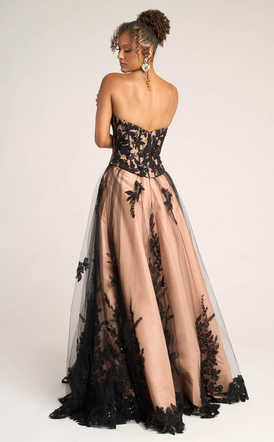 Black/Nude Strapless Floor-Length Tulle Gala Prom Gown Lace Applique Portia & Scarlett PS26061