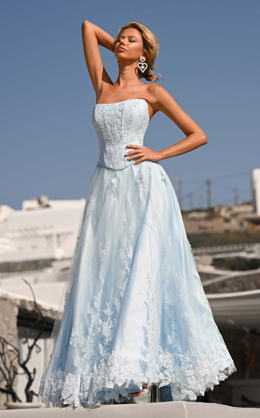 Blue Strapless Floor-Length Tulle Gala Prom Gown Lace Applique Portia & Scarlett PS26061
