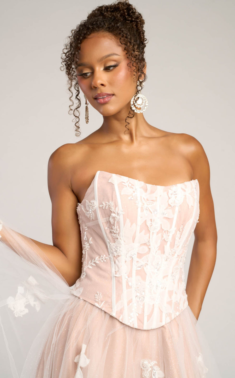 Ivory/Nude Strapless Floor-Length Tulle Gala Prom Gown Lace Applique Portia & Scarlett PS26061