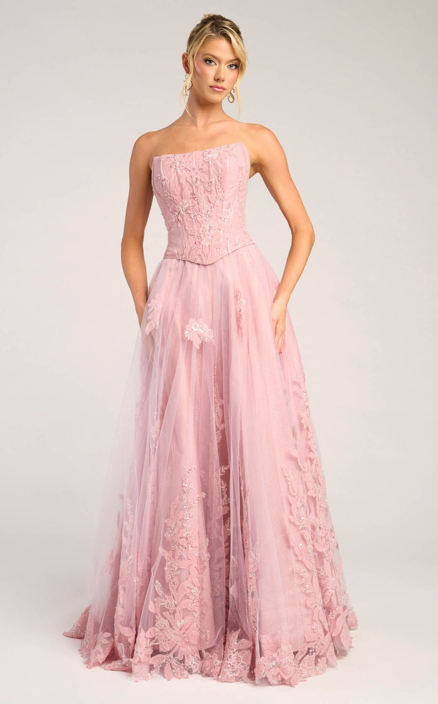 Pink Strapless Strapless Floor-Length Tulle Gala Prom Gown Lace Applique Portia & Scarlett PS26061