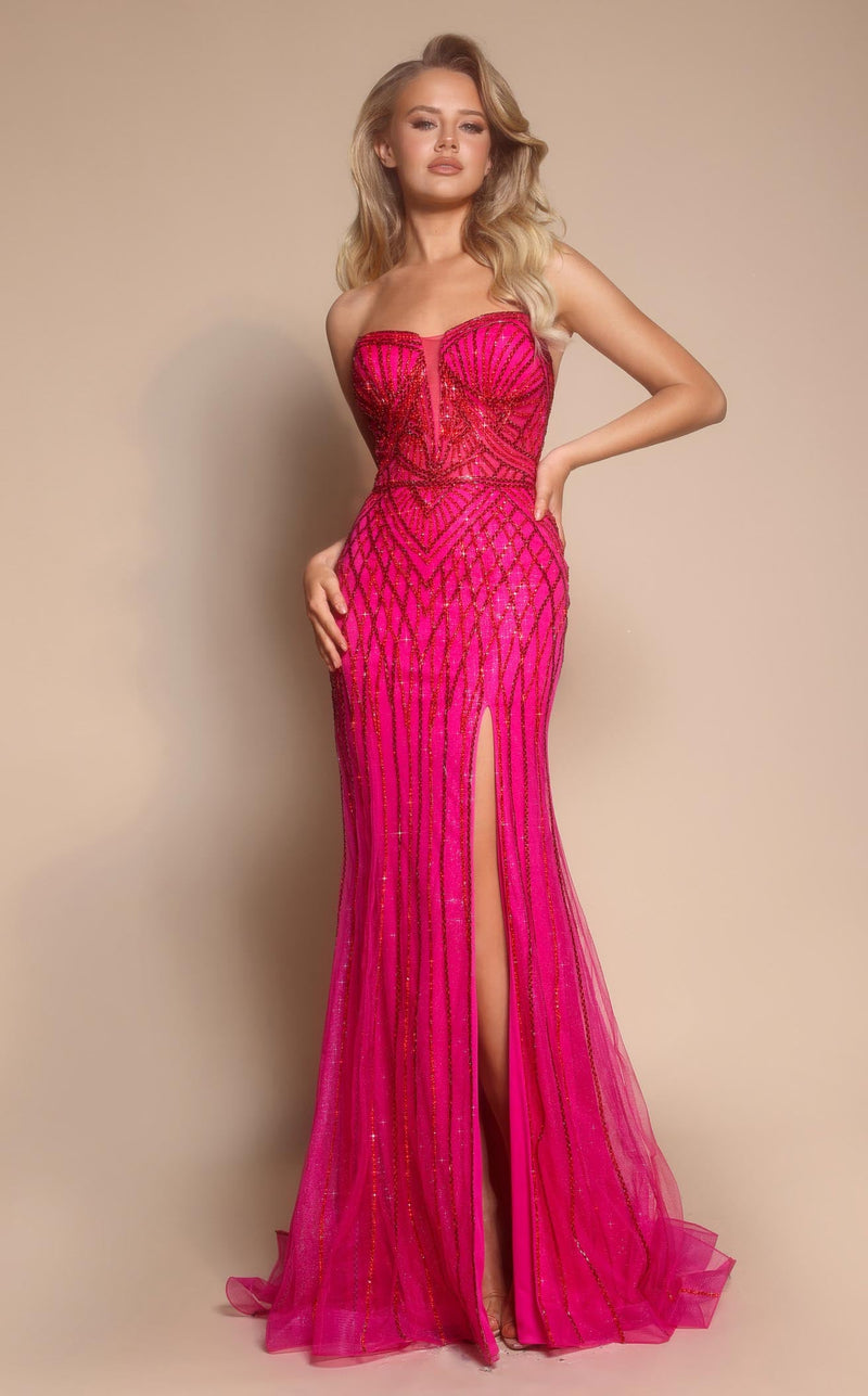 Prom Dresses Long Fitted Beaded Sequin Corset Formal Prom Dress Fuchsia