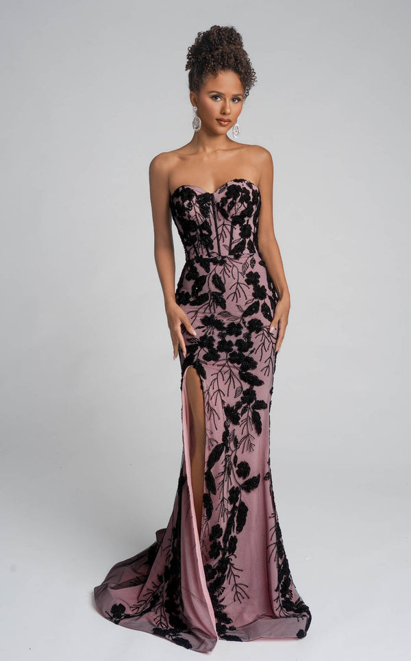 Portia and Scarlett PS26074 Floral Lace Applique Long Formal Fitted Prom Dress