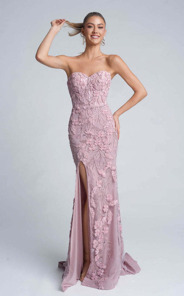 Prom Dresses Floral Lace Applique Long Formal Fitted Prom Dress Pink