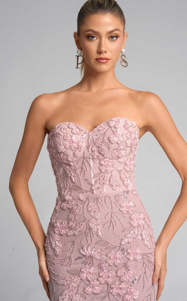 Prom Dresses Floral Lace Applique Long Formal Fitted Prom Dress Pink