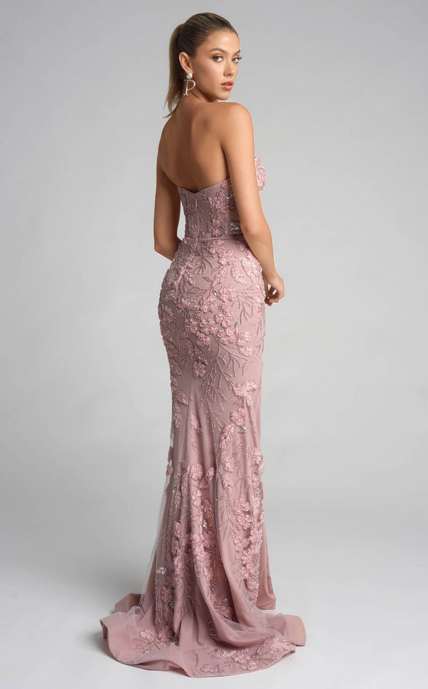 Prom Dresses Floral Lace Applique Long Formal Fitted Prom Dress Pink