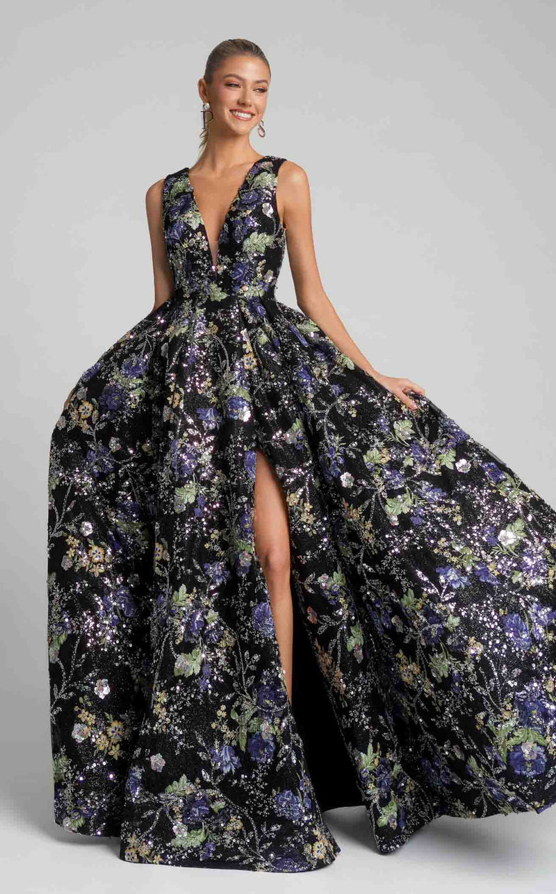 Prom Dresses Ball Gown Floral Beaded Sequin Long Formal Prom Dress Black