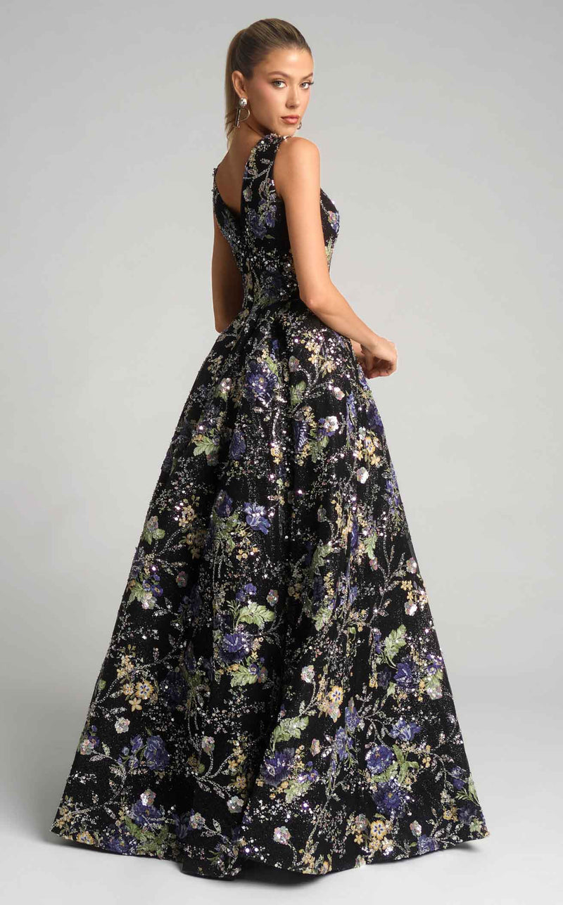 Prom Dresses Ball Gown Floral Beaded Sequin Long Formal Prom Dress Black