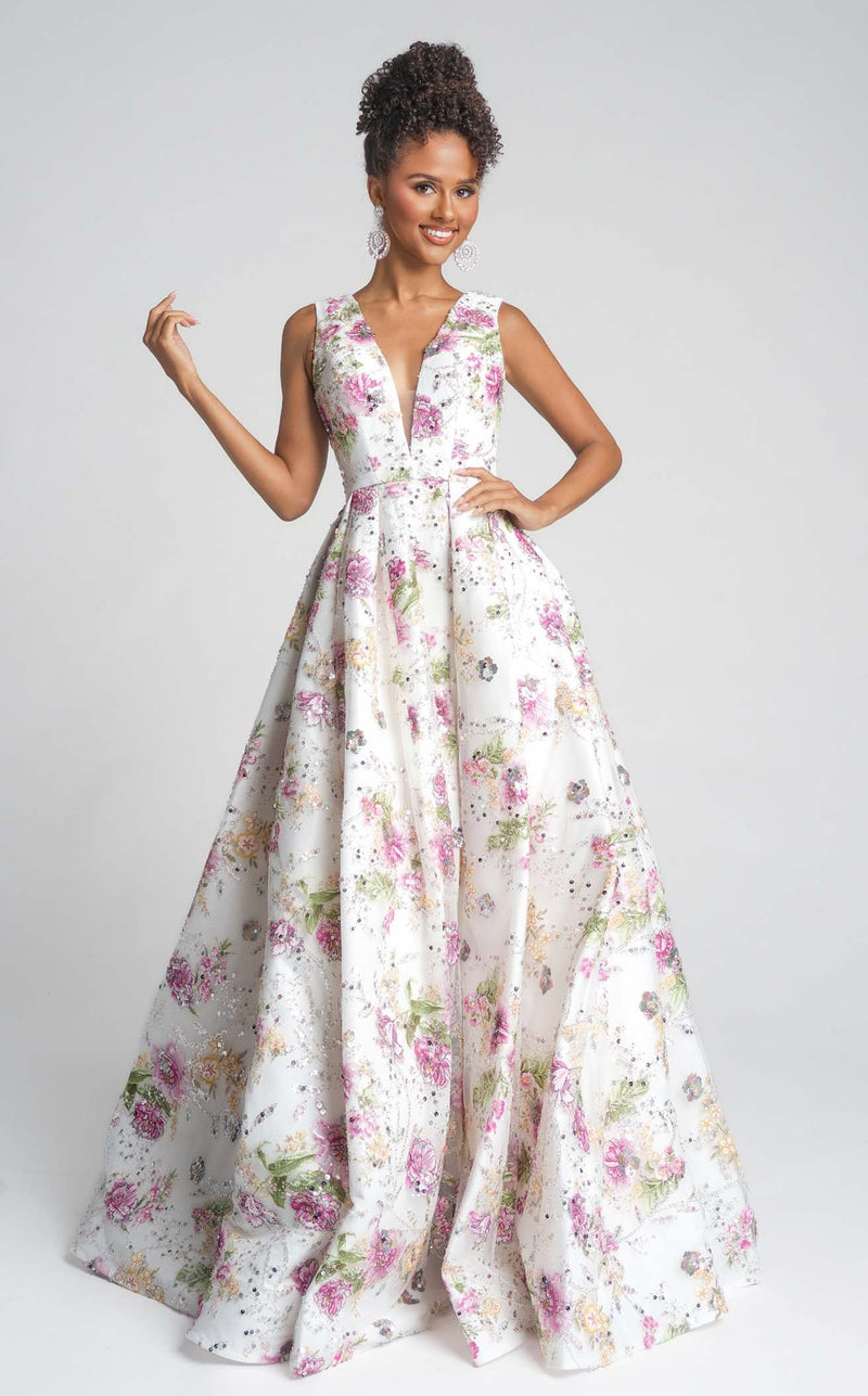 Prom Dresses Ball Gown Floral Beaded Sequin Long Formal Prom Dress White