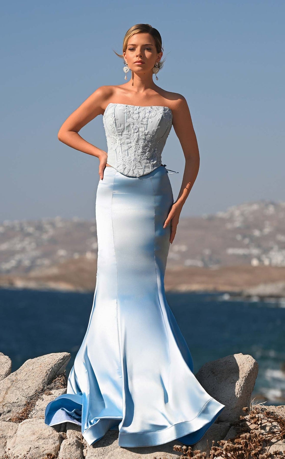 Blue Strapless Floor-Length Satin Prom Dress with Lace Corset Bodice and Mermaid Skirt Portia and Scarlett PS26092