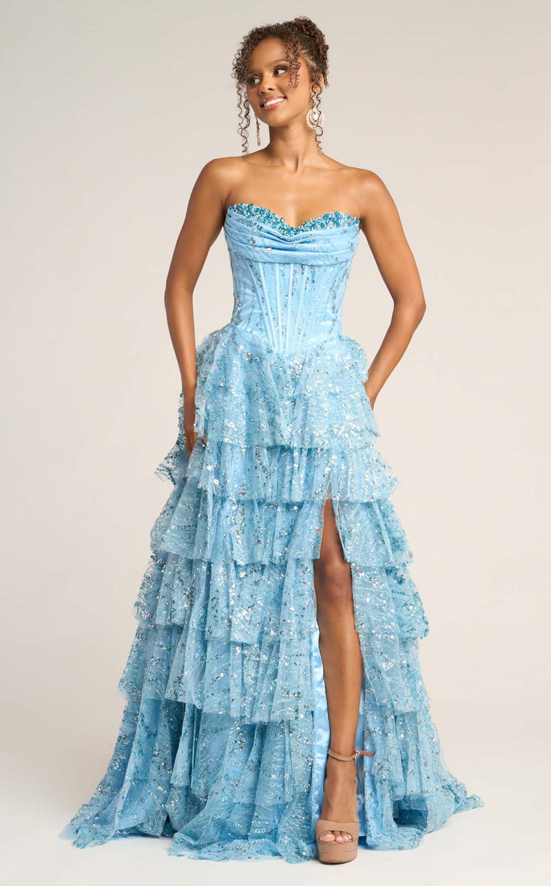 Prom Dresses Beaded Ruffle Corset Ball Gown Long Formal Prom Dress Blue