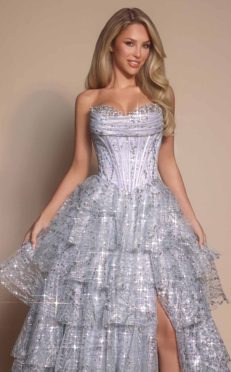 Prom Dresses Beaded Ruffle Corset Ball Gown Long Formal Prom Dress Silver