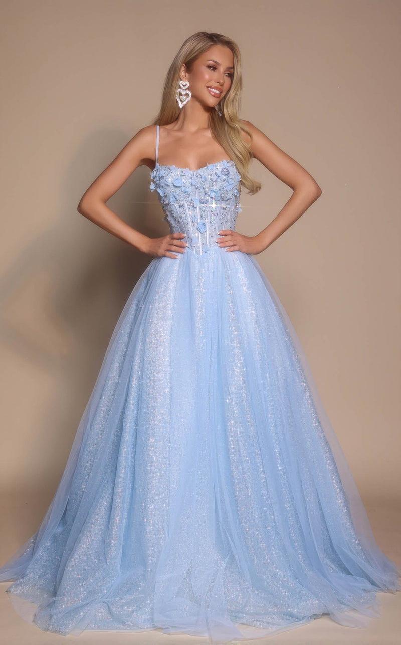 Prom Dresses Corset Floral Formal Long Glitter Prom Dress  Blue
