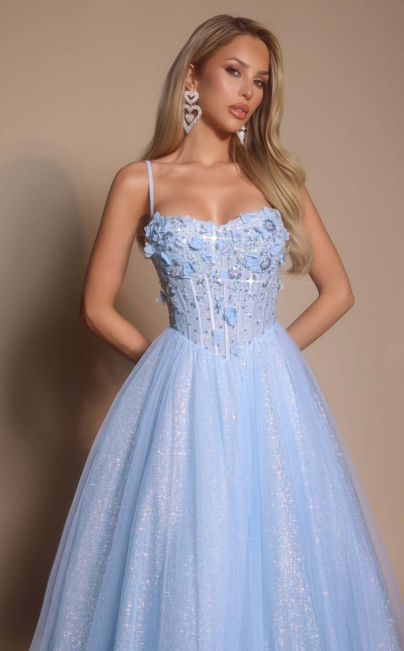 Prom Dresses Corset Floral Formal Long Glitter Prom Dress  Blue