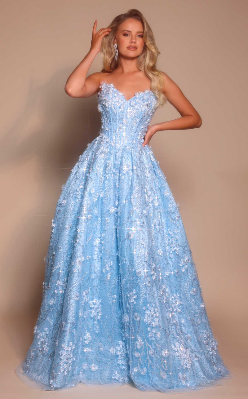 Prom Dresses Corset Floral Applique Formal Long Beaded Prom Dress Blue