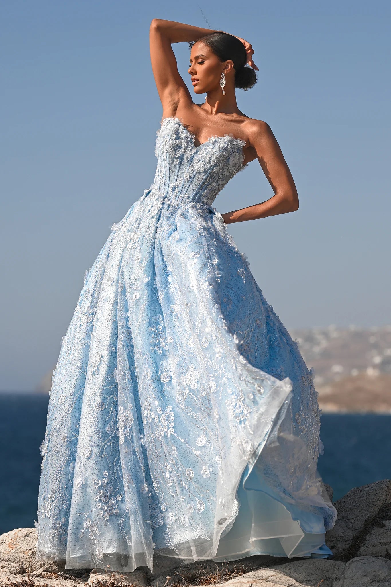 Prom Dresses Corset Floral Applique Formal Long Beaded Prom Dress Blue
