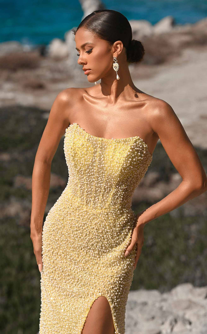 Prom Dresses Corset Beaded Sequin Long Formal Prom Dress Yellow