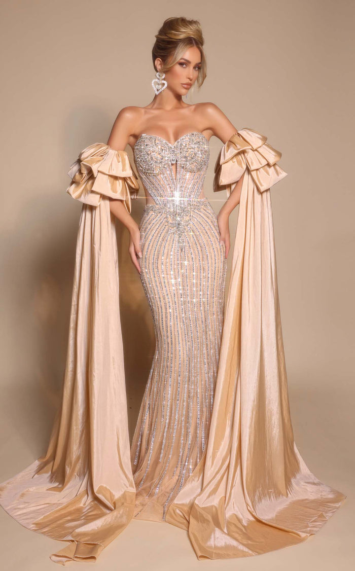 Prom Dresses Floral Applique Corset Formal Long Beaded Prom Dress Champagne