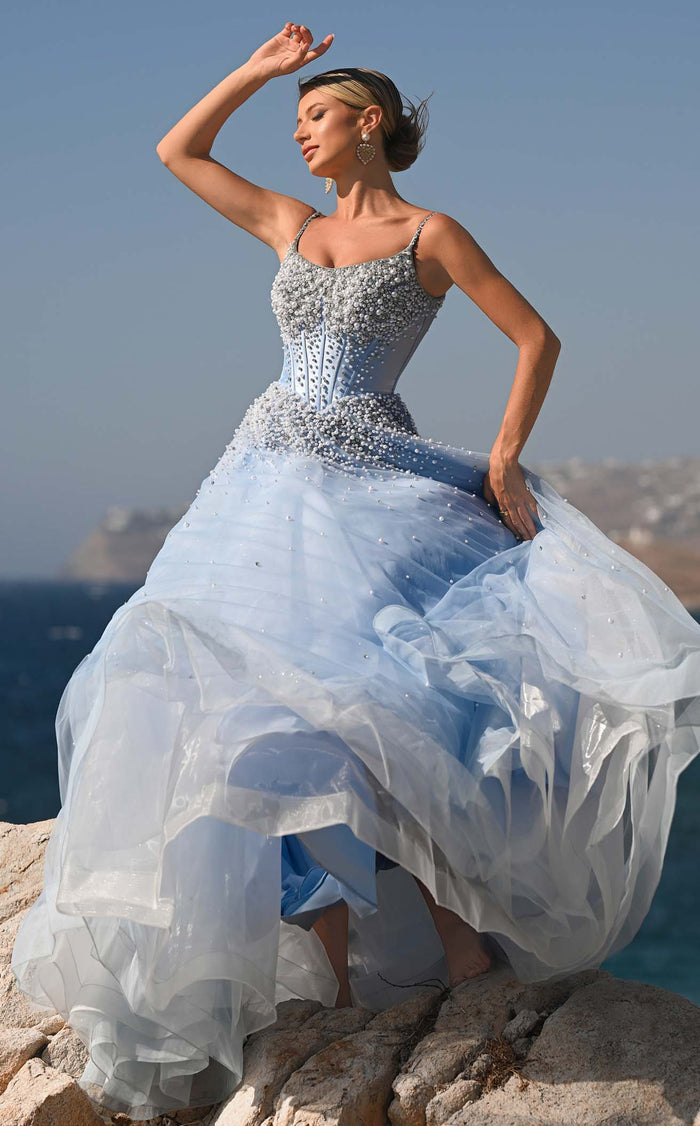 Prom Dresses Corset Beaded Prom Formal Long Evening Dress Light Blue