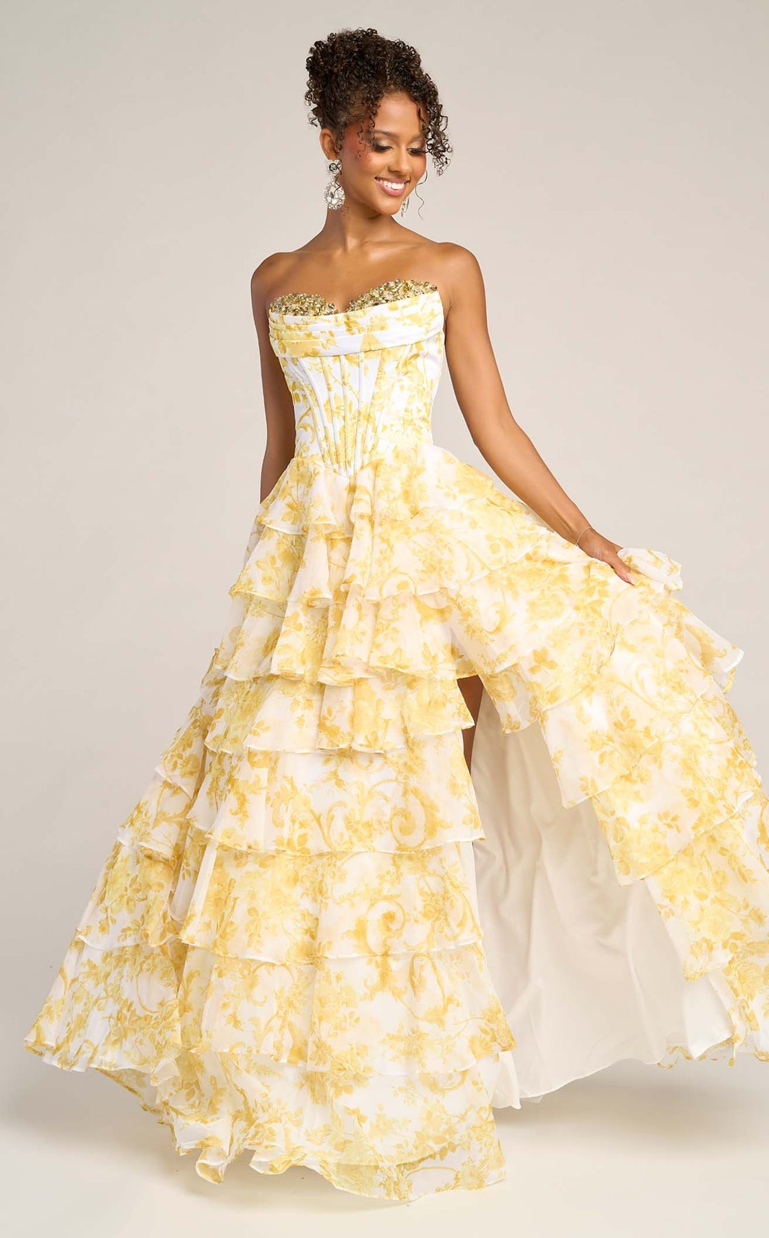 Prom Dresses Long Formal Beaded Floral Print Ruffle Prom Dress Portia and Scarlett PS26210 Yellow
