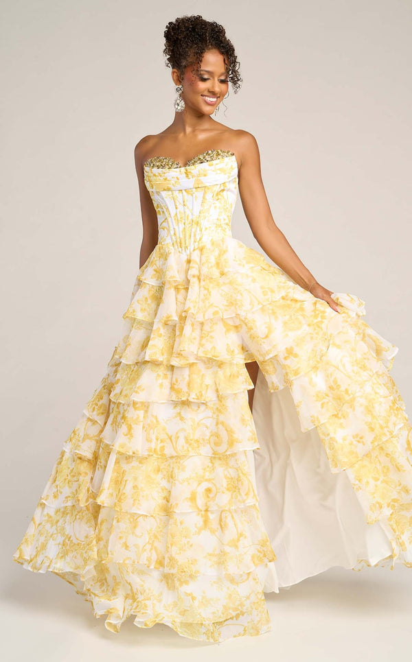 Long Formal Beaded Floral Print Ruffle Prom Dress Portia and Scarlett PS26210