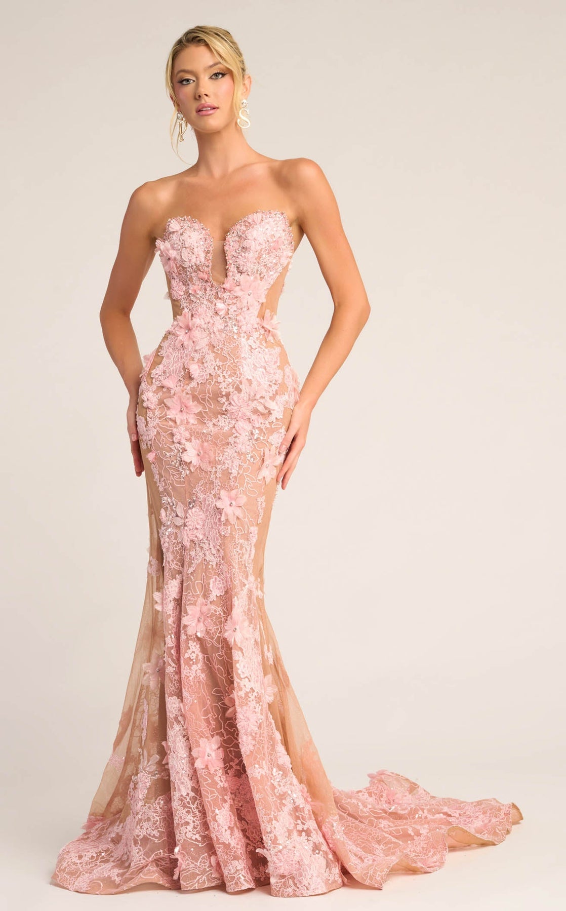 Nude Pink Strapless Floor-Length Lace Prom Mermaid Gown with 3D Floral Appliques Portia and Scarlett PS26248