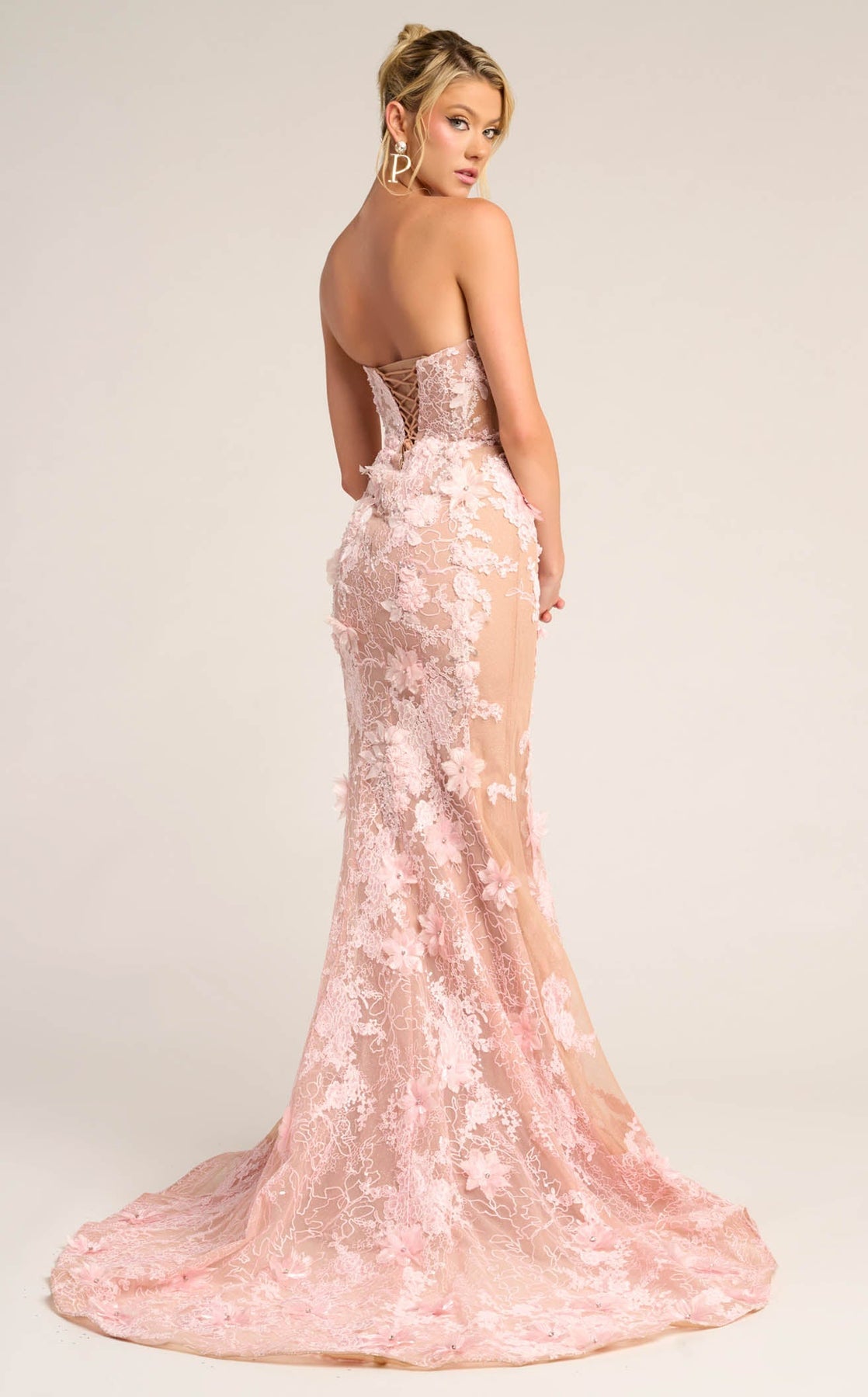 Nude Pink Strapless Floor-Length Lace Prom Mermaid Gown with 3D Floral Appliques Portia and Scarlett PS26248