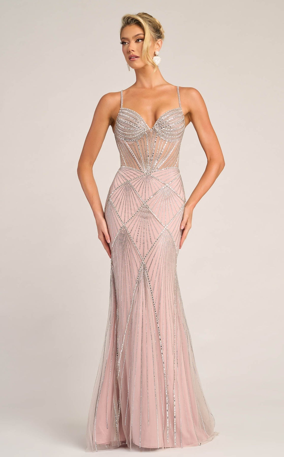 Blush Sweetheart Floor-Length Beaded Mesh Prom Mermaid Gown Portia and Scarlett PS26263